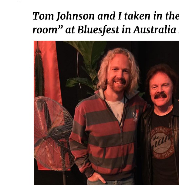 Nathan Smith with Tom Johnson in the green room at Bluesfest Australia, April 2017